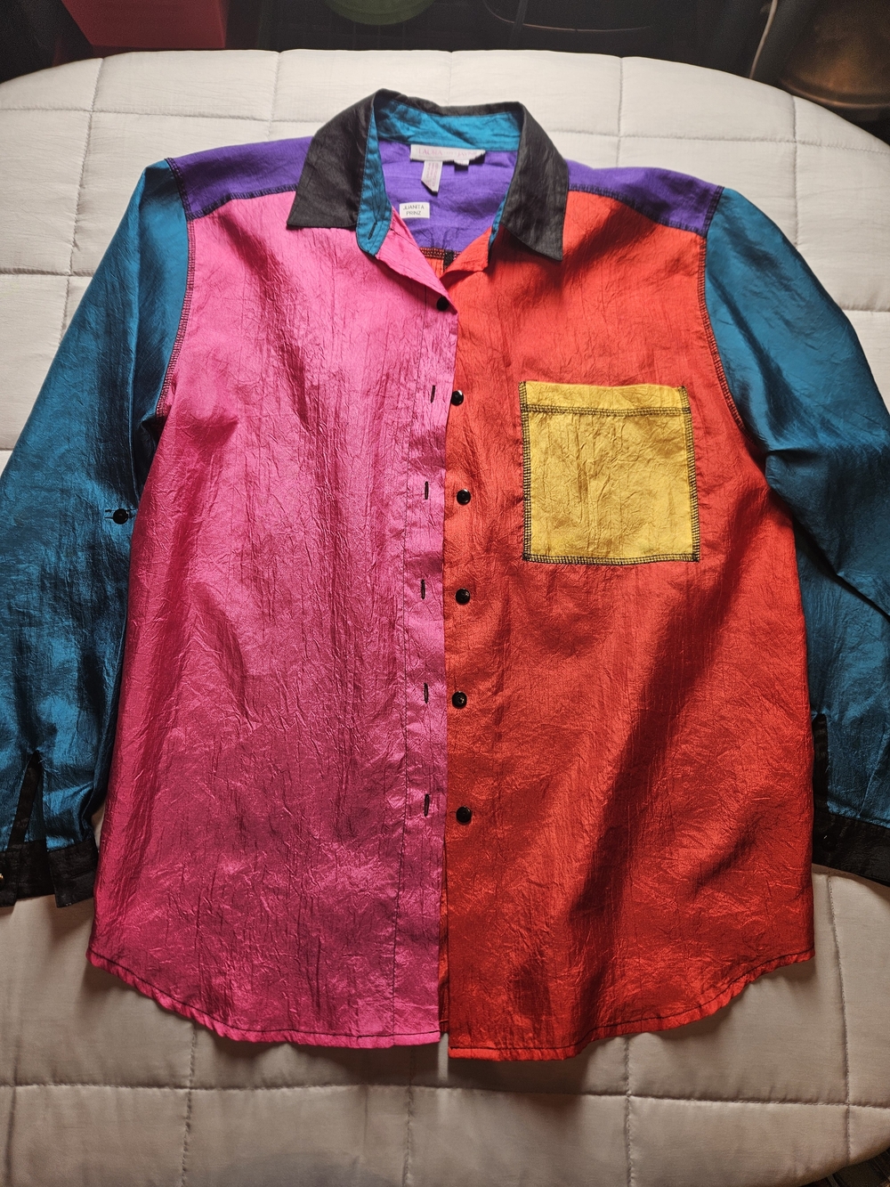 Colorblock Satin Button-Up Blouse in Pink, Red, Teal & Yellow
